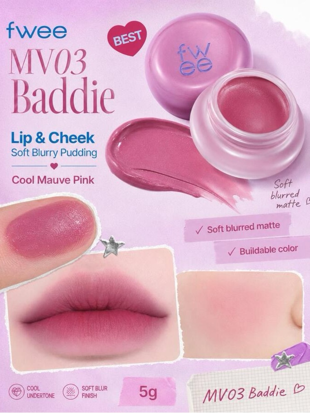 Fwee “BADDIE” Blurry Lip & Cheek Pudding Pot (BNIB) Cold-Hearted Moment - Picture 13 of 16